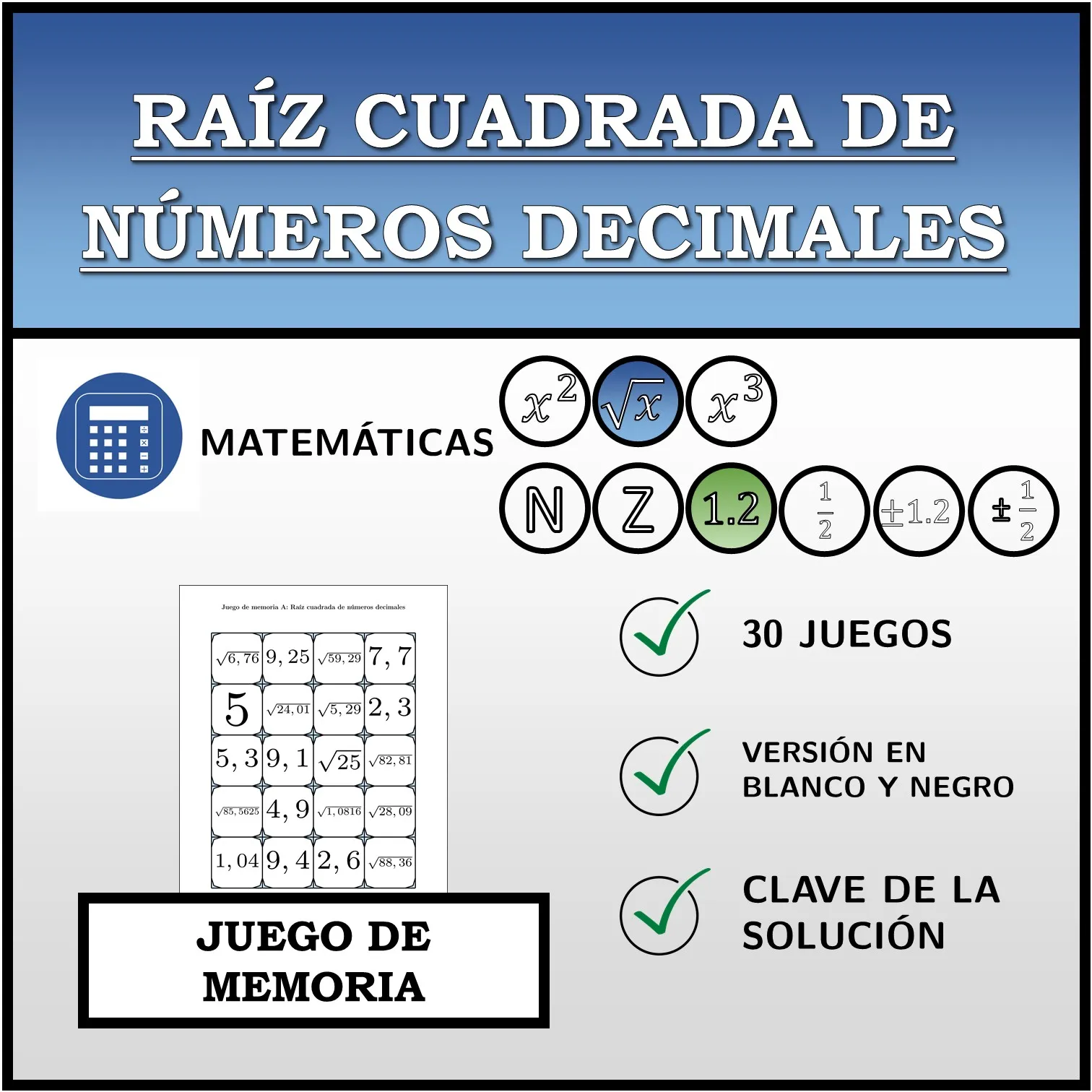 Juego de memoria: Raíz cuadrada de números decimales