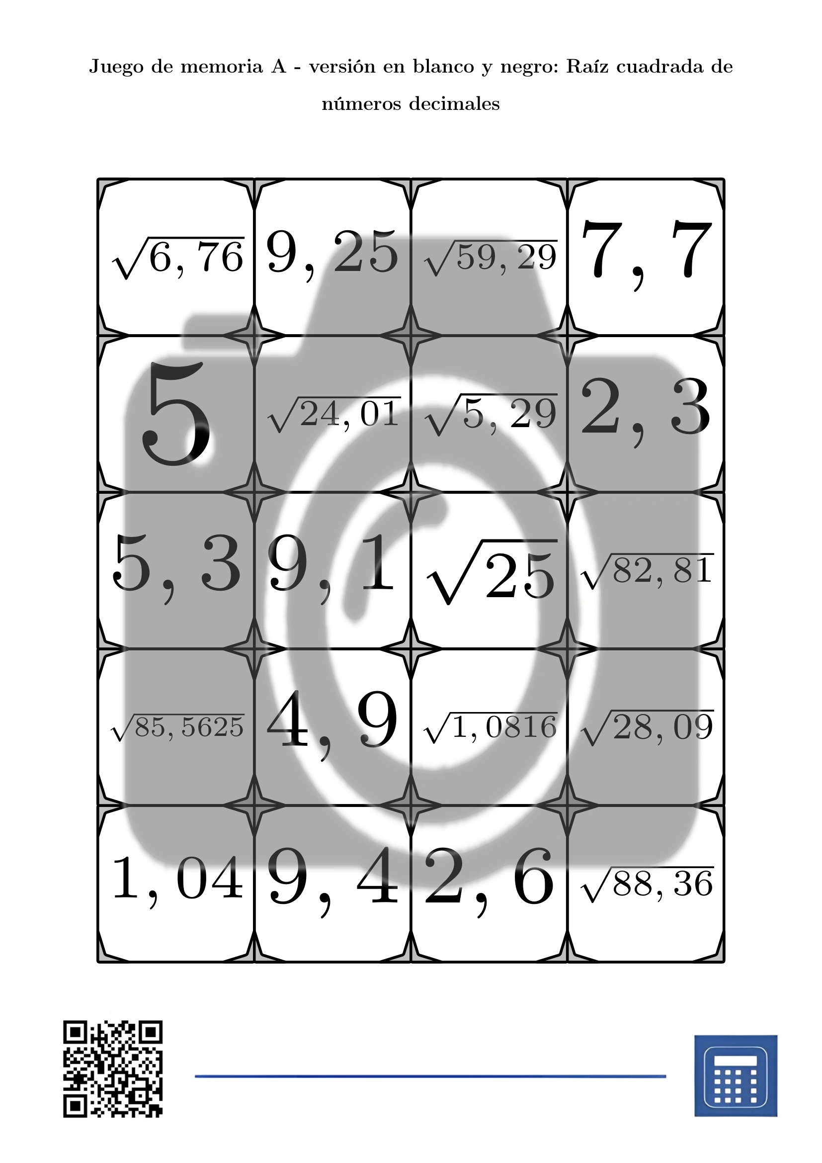 Juego de memoria: Raíz cuadrada de números decimales - Imagen 3
