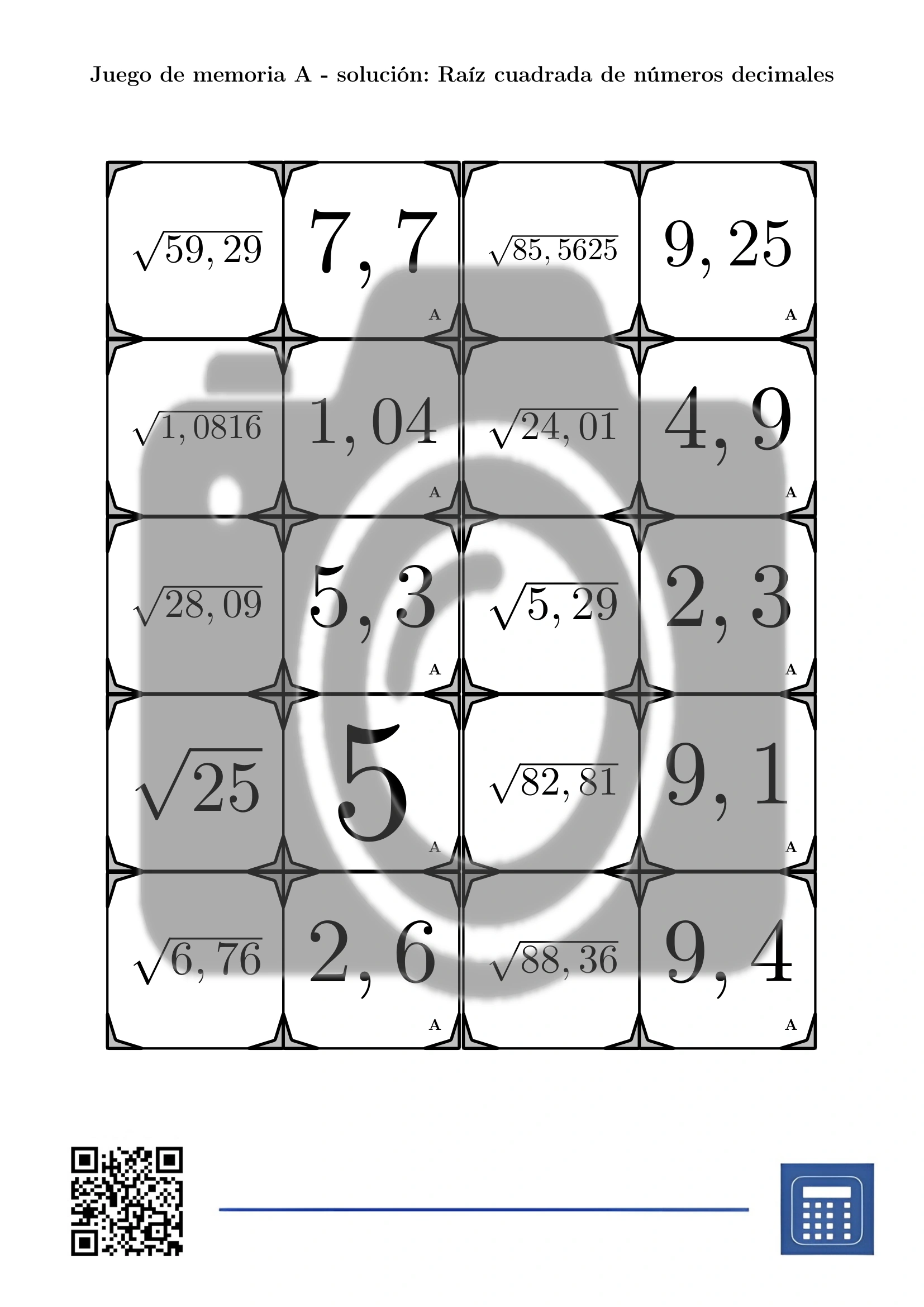 Juego de memoria: Raíz cuadrada de números decimales - Imagen 4