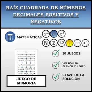 Juego de memoria: Raíz cuadrada de números decimales positivos y negativos