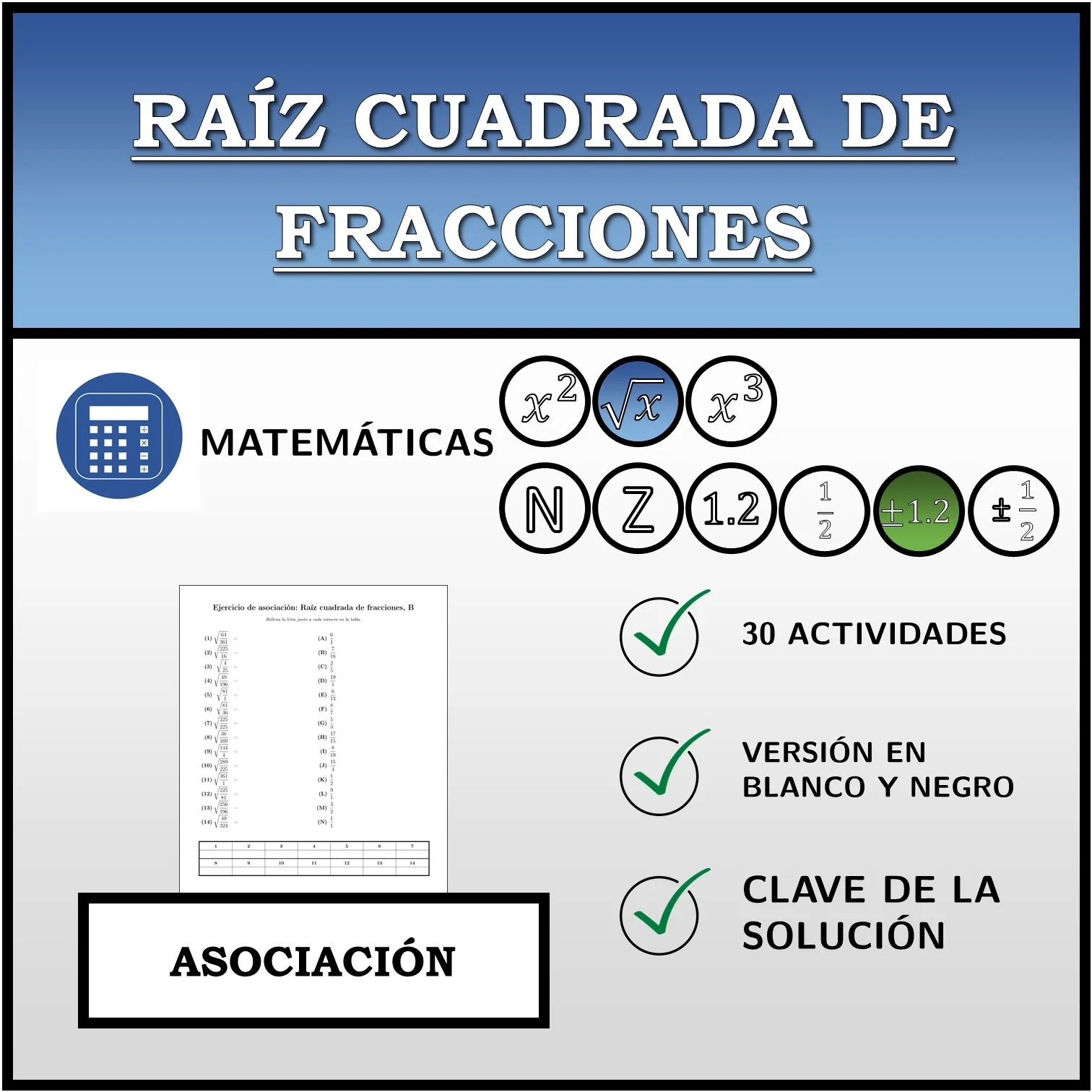 Ejercicio de asociación: Raíz cuadrada de fracciones