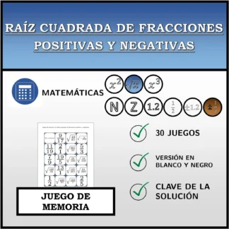 Juego de memoria: Raíz cuadrada de fracciones positivas y negativas