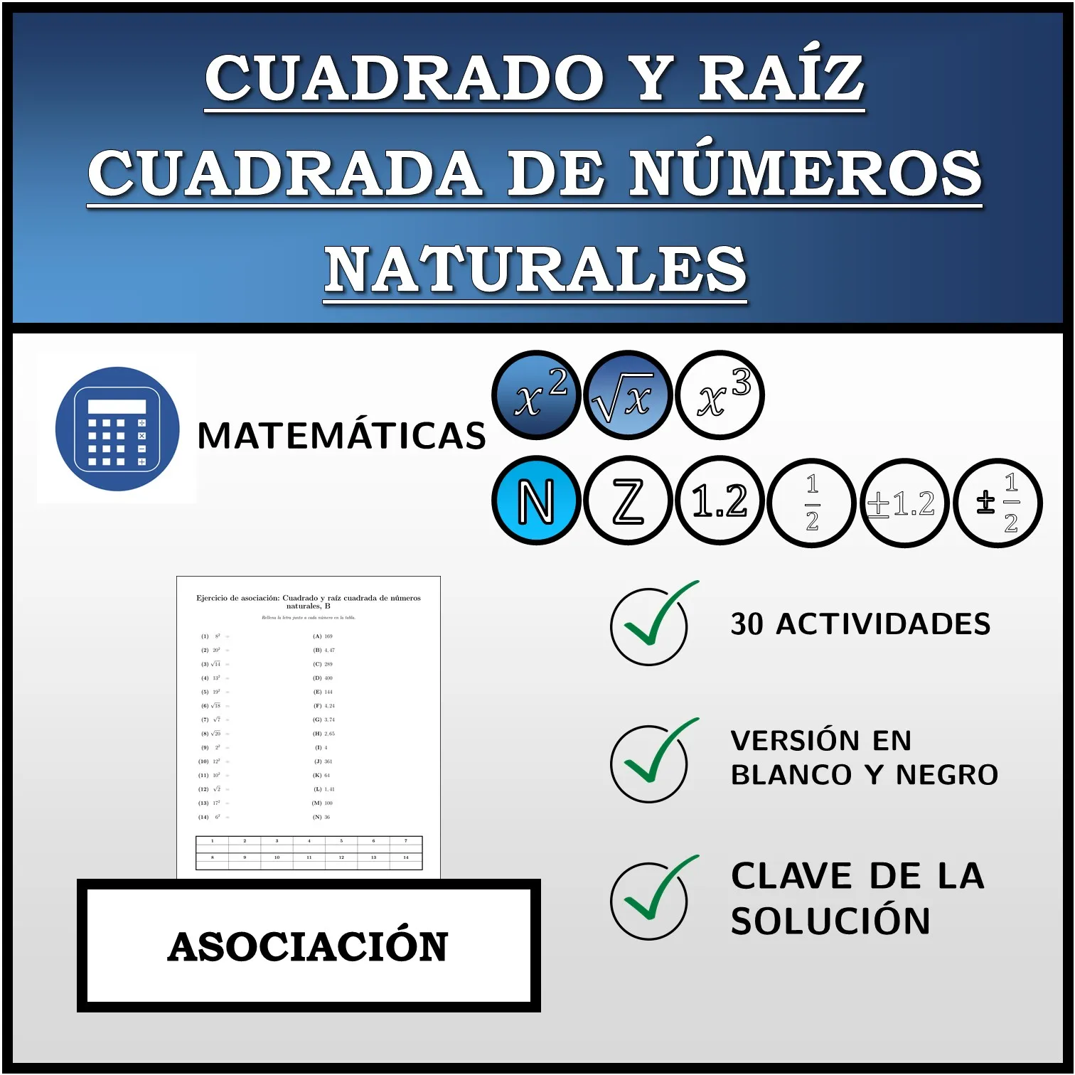Ejercicio de asociación: Cuadrado y raíz cuadrada de números naturales