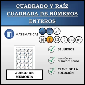Juego de memoria: Cuadrado y raíz cuadrada de números enteros