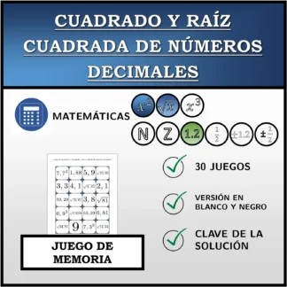 Juego de memoria: Cuadrado y raíz cuadrada de números decimales