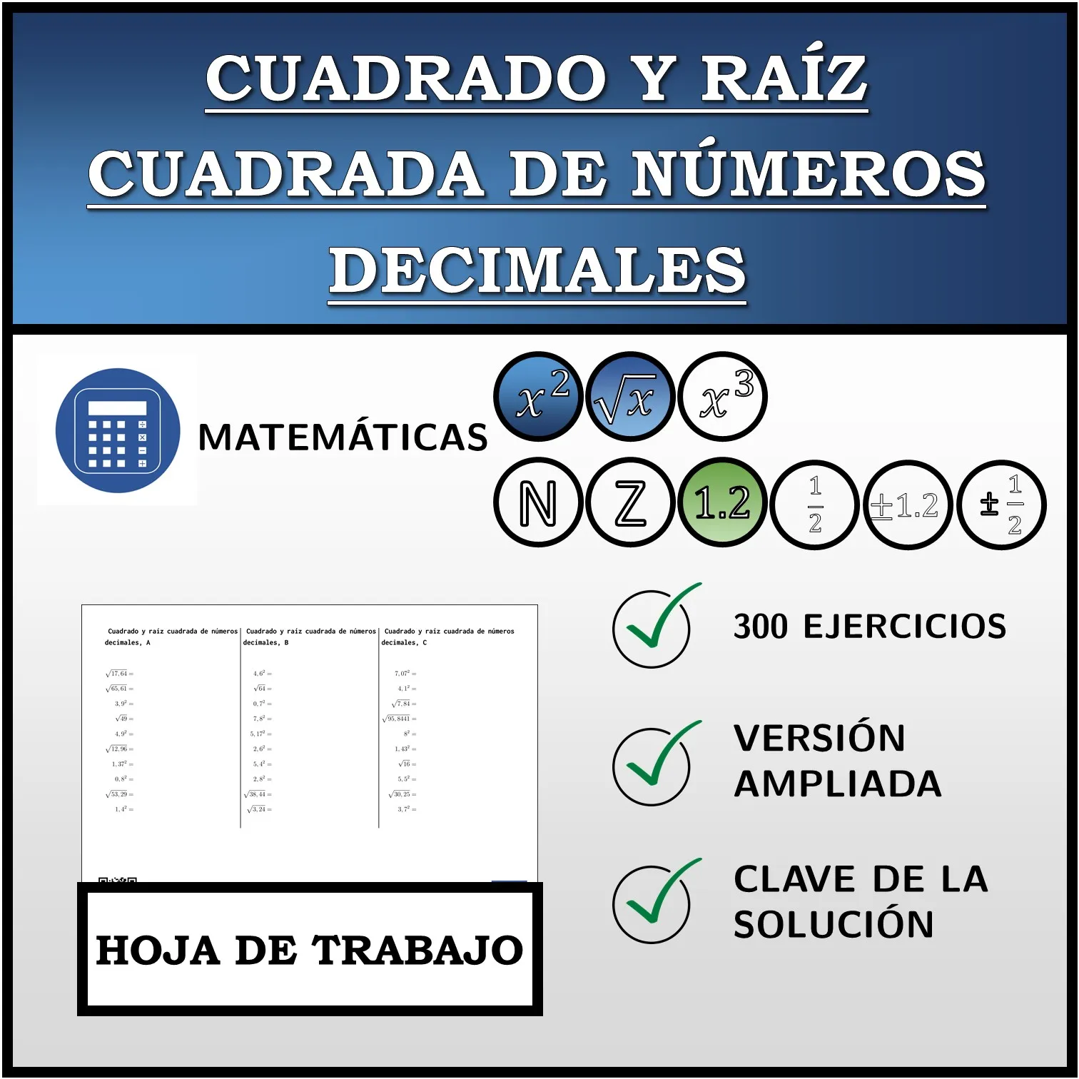 Hoja de trabajo: Cuadrado y raíz cuadrada de números decimales