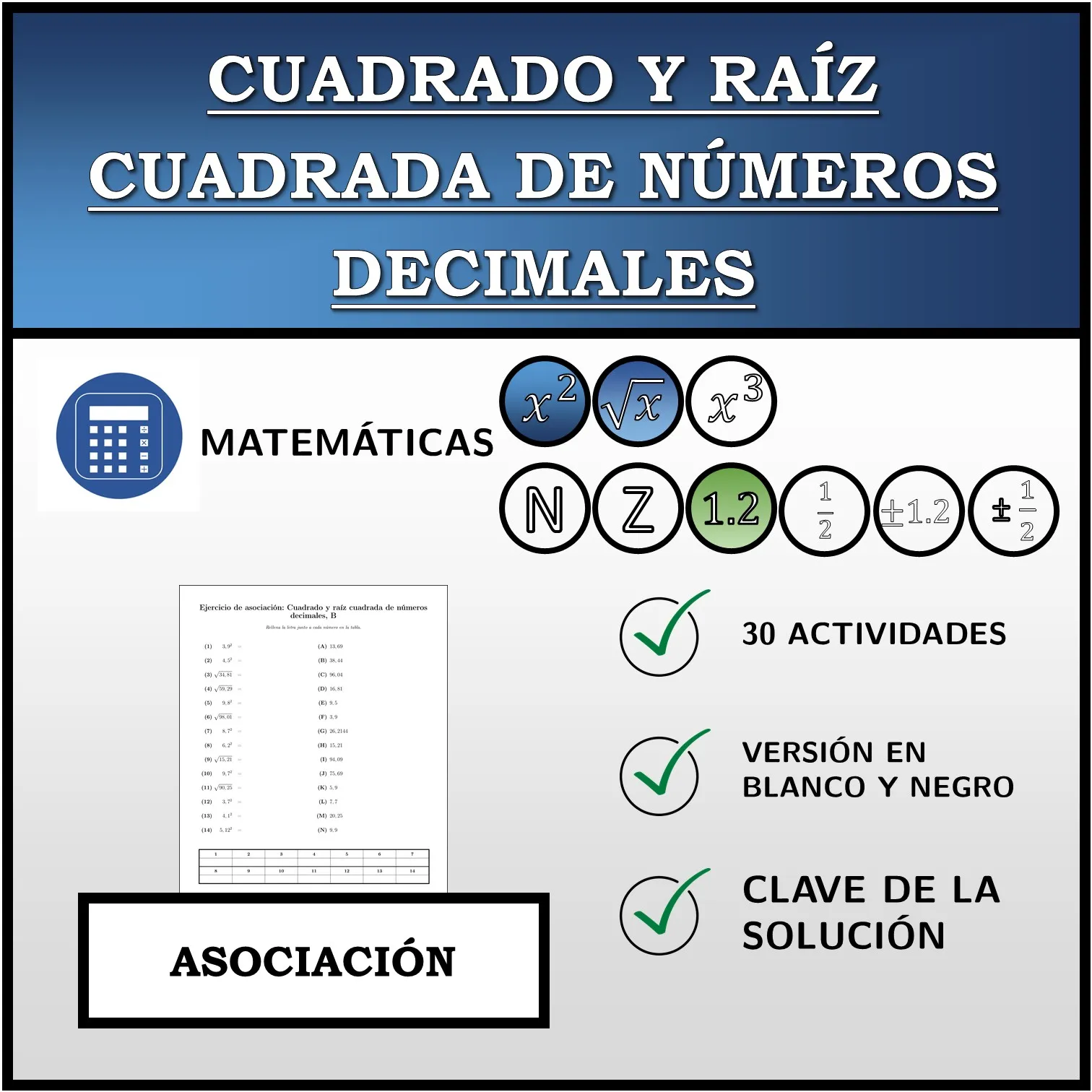 Ejercicio de asociación: Cuadrado y raíz cuadrada de números decimales