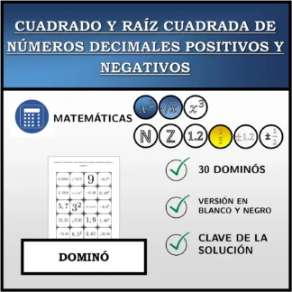 Dominó: Cuadrado y raíz cuadrada de números decimales positivos y negativos