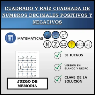 Juego de memoria: Cuadrado y raíz cuadrada de números decimales positivos y negativos