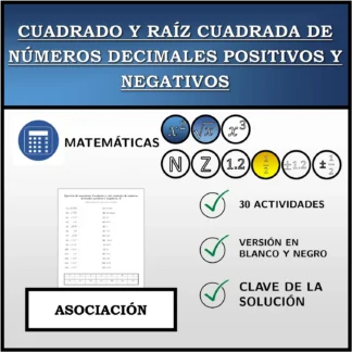 Ejercicio de asociación: Cuadrado y raíz cuadrada de números decimales positivos y negativos