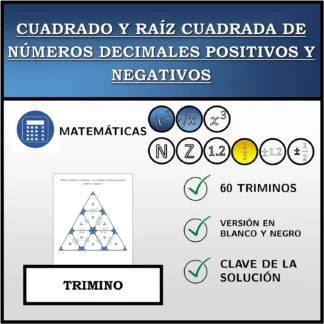 Trimino: Cuadrado y raíz cuadrada de números decimales positivos y negativos